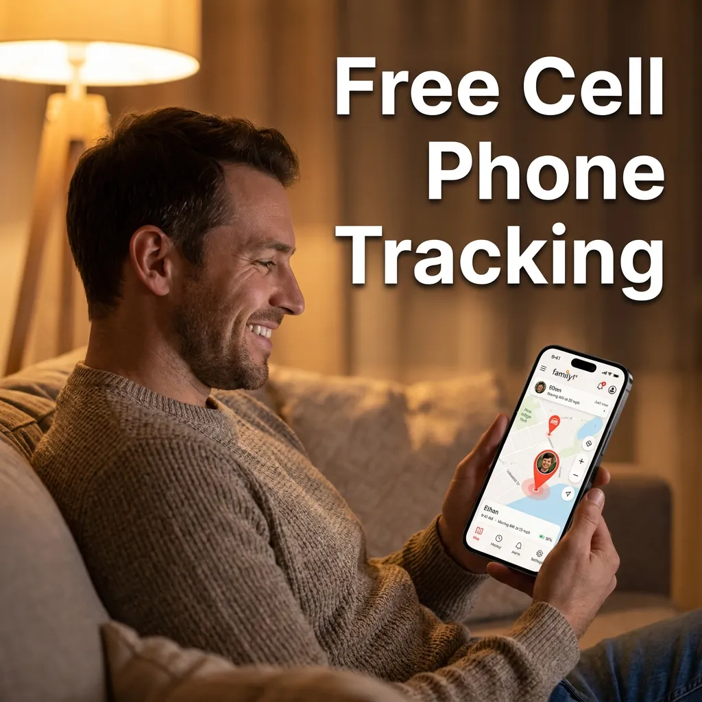A man smiling at his phone on the couch in the evening, the Family1st app showing family chat and a live map — no device needed