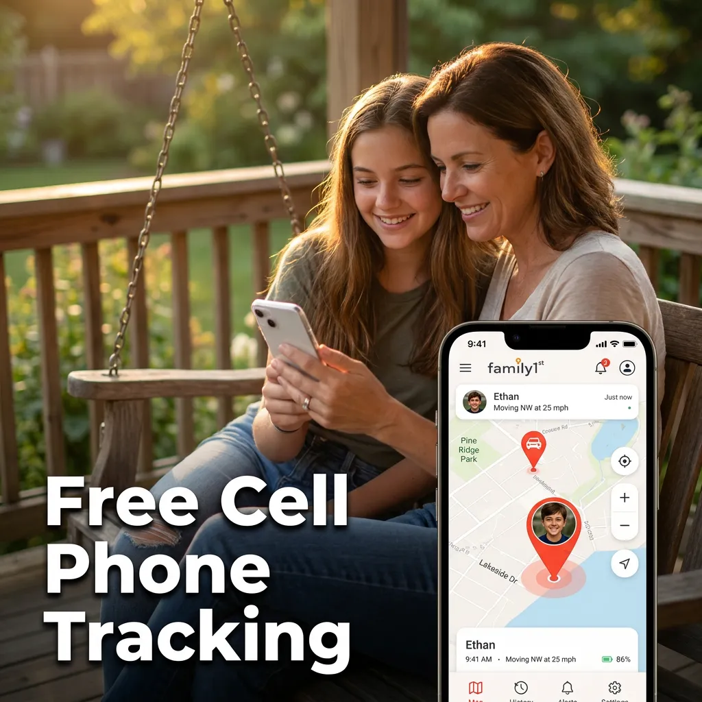 A mother and teenage daughter looking at a phone together on a porch swing, the Family1st app showing the family's live locations — no device needed