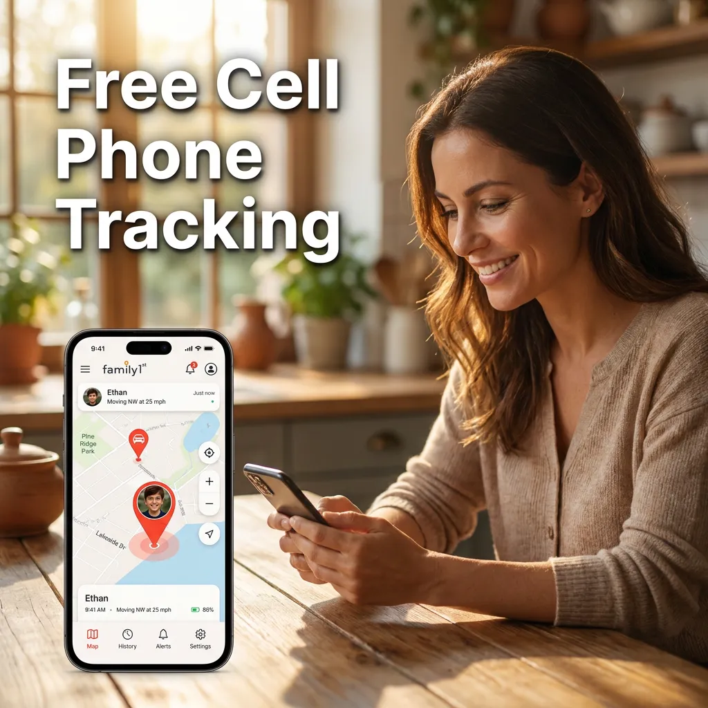 A woman smiling at her phone in a sunlit kitchen, the Family1st app showing her whole family's live locations on one map — no device needed