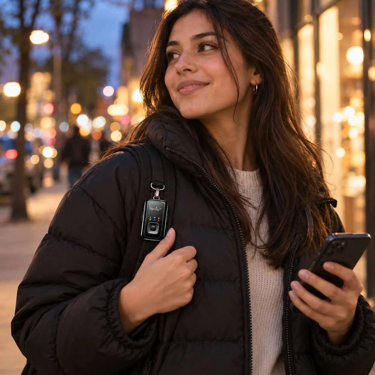 A woman walking a city street at dusk with the Family1st tracker clipped to her backpack