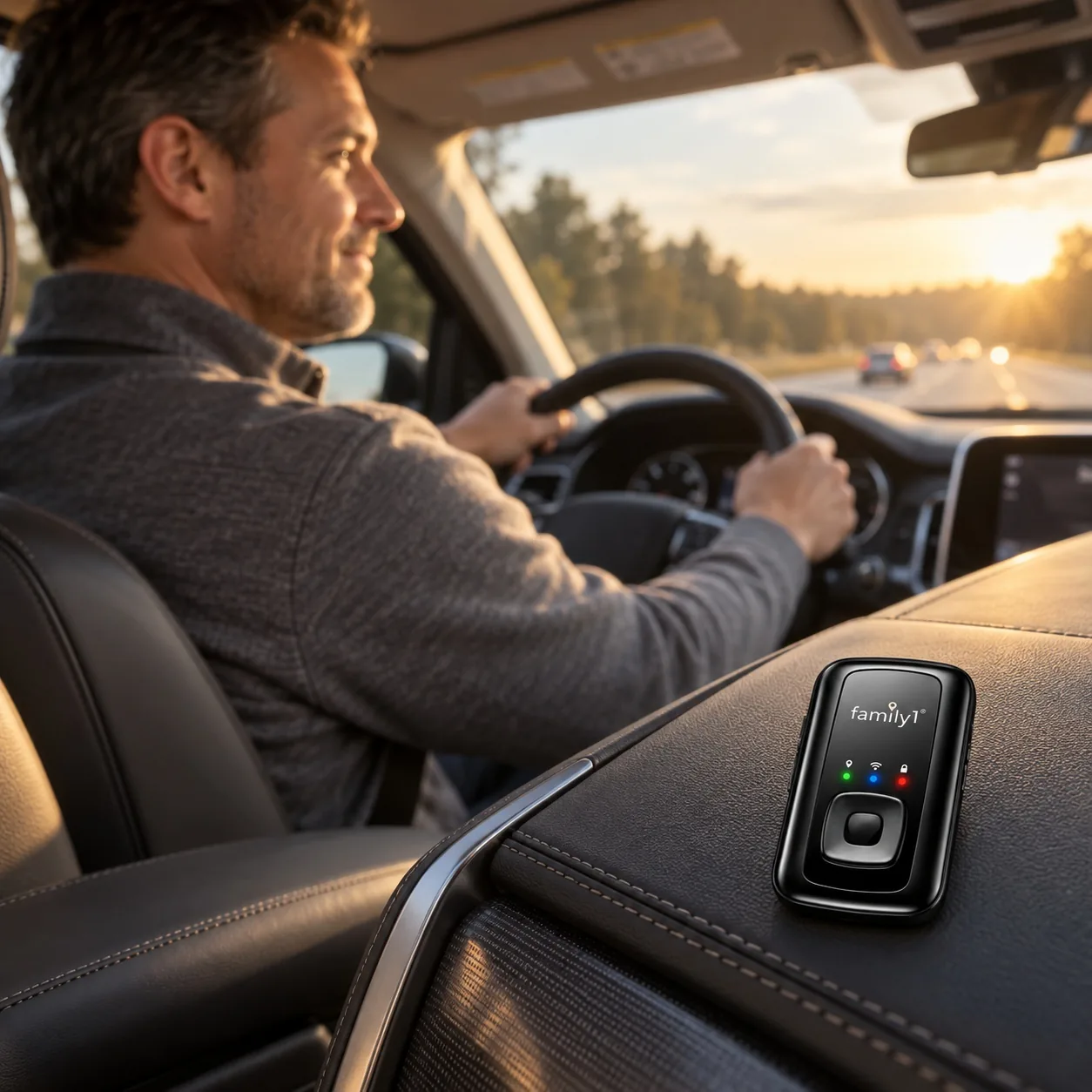A man driving at golden hour with the Family1st tracker on his dashboard