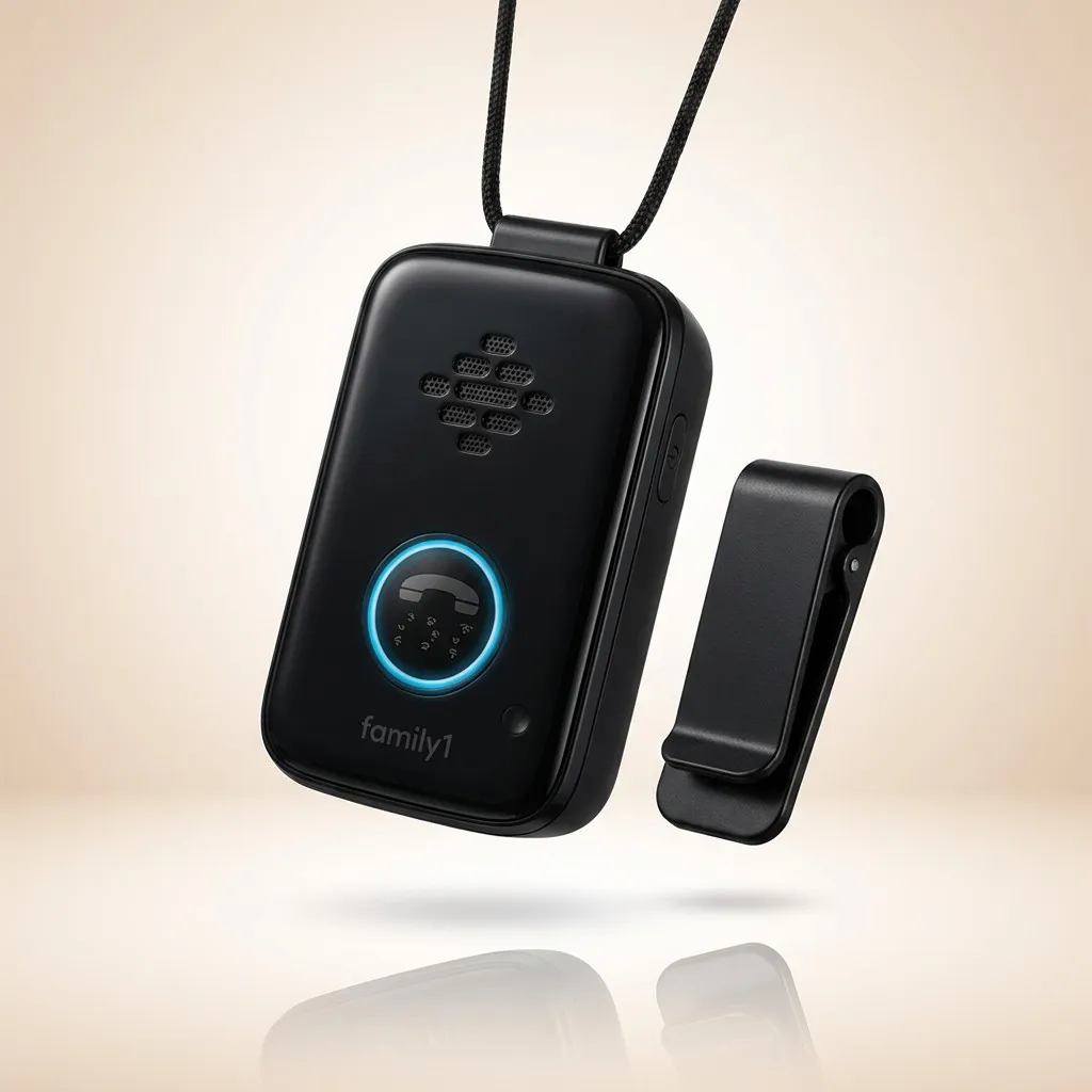 Belle+ medical alert pendant on a black lanyard beside its separate belt clip, showing the speaker grille and glowing blue call button