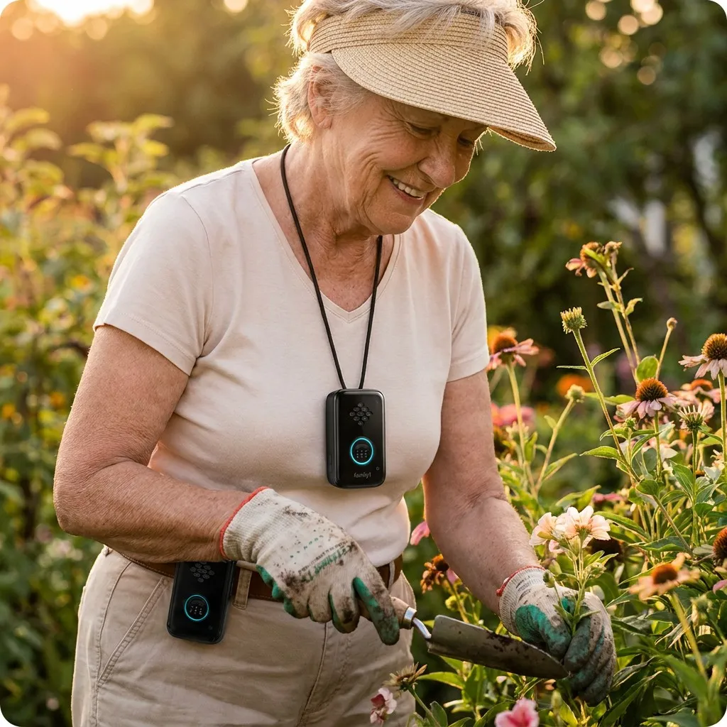 A smiling older woman gardening at golden hour, wearing the Belle+ pendant on a lanyard with a second unit clipped to her waistband