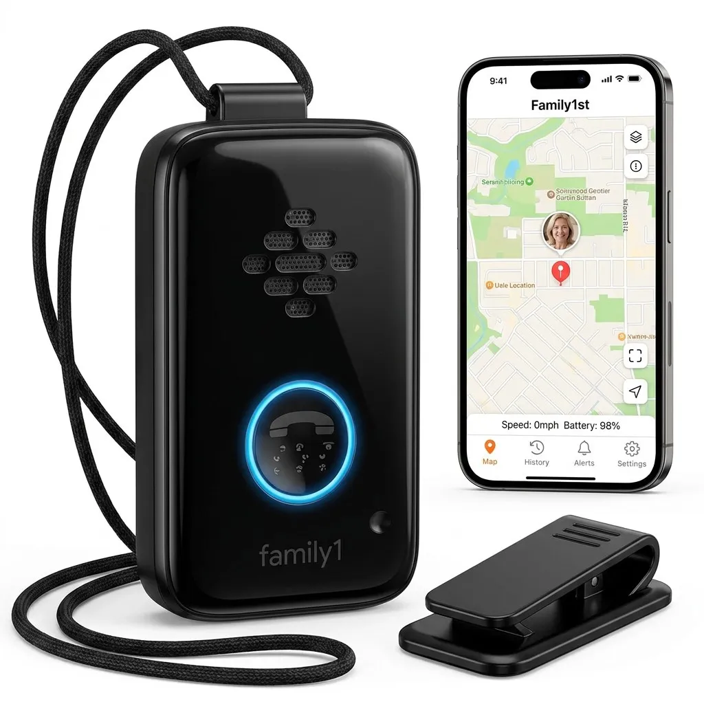 The Belle+ pendant with its lanyard and belt clip beside a phone showing the wearer's location, speed and battery in the Family1st app