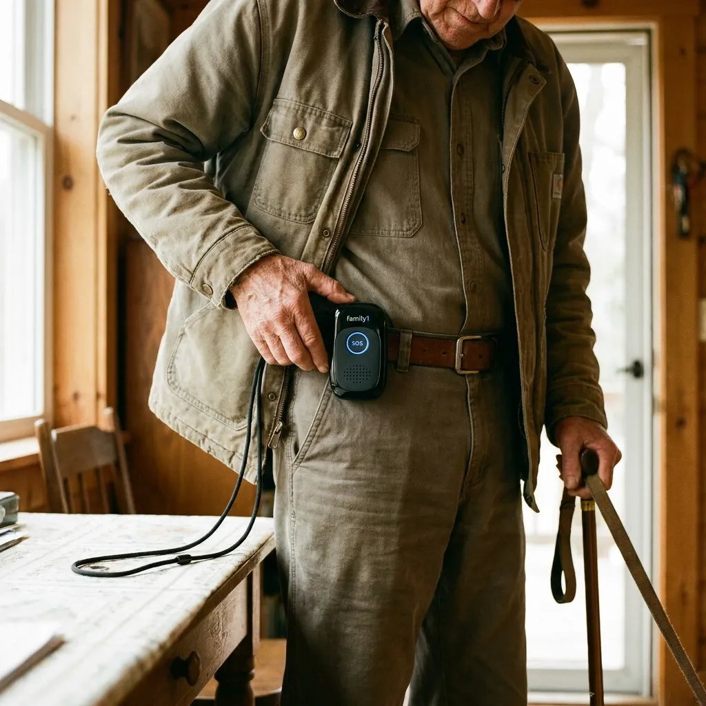 An older man in a work jacket at home, reaching for the Belle+ alert clipped to his belt, walking stick in his other hand