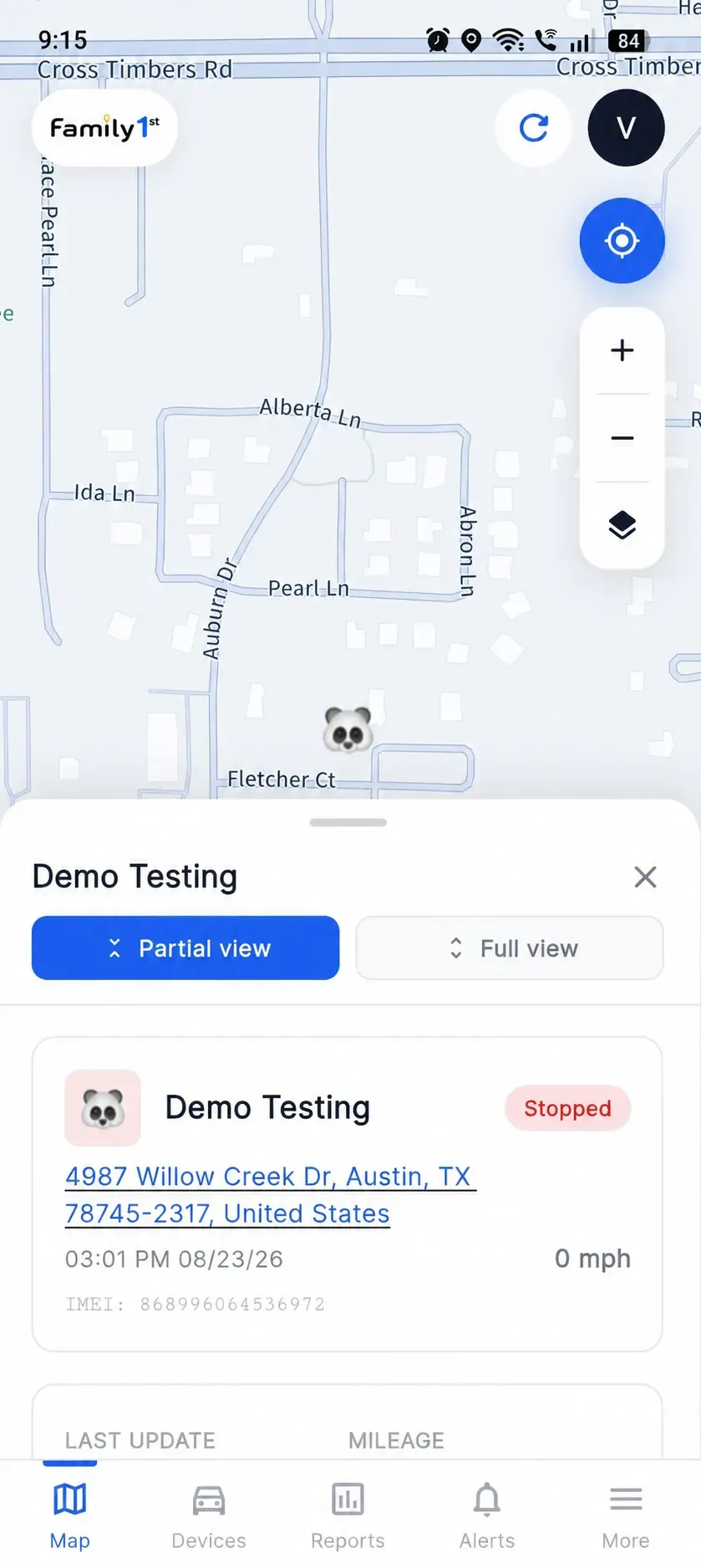 The family1st app showing a family member's live location on the map, with their address, speed and last update.