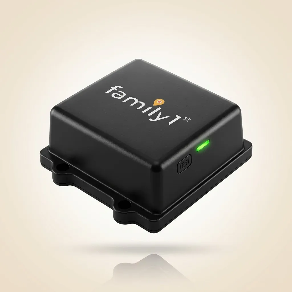 GPS tracker with built-in magnets, a square black unit with mounting tabs, a TEST button and a green status light