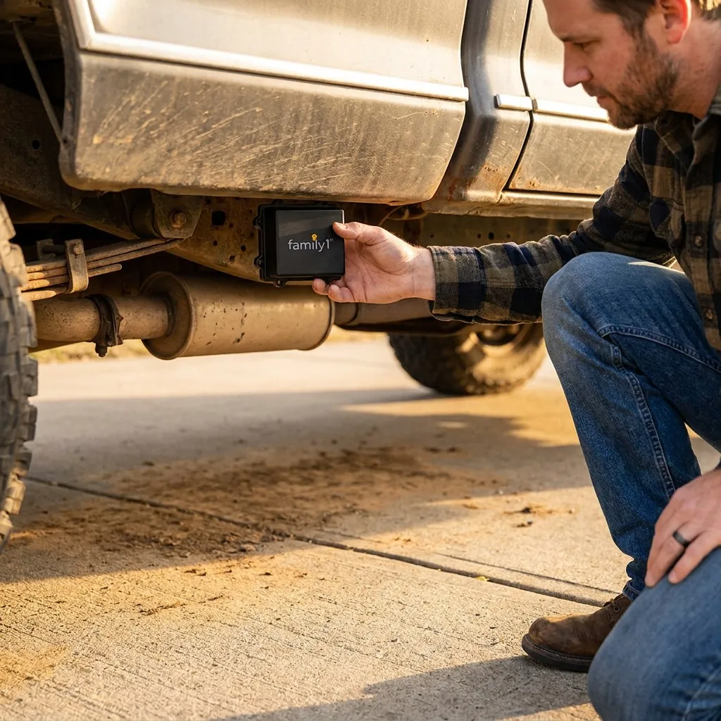 A man crouching beside a dusty truck, attaching the magnetic GPS tracker to the underside of the chassis