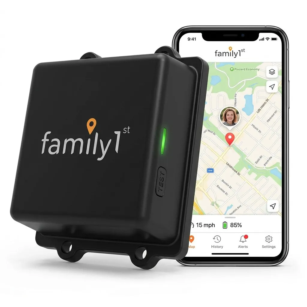 The magnetic GPS tracker beside a phone showing the Family1st app with the vehicle at 15 mph and 85 percent battery