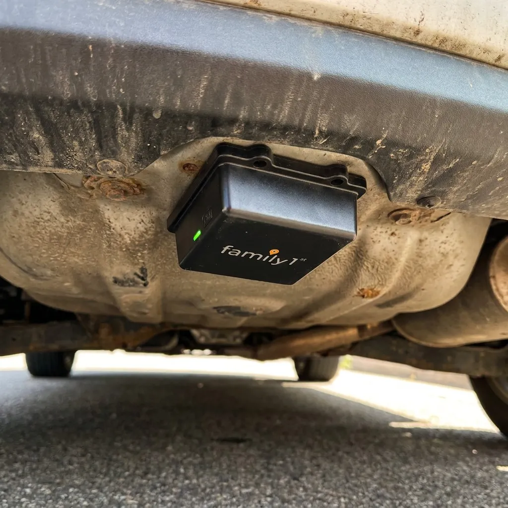 The magnetic tracker attached under a vehicle's chassis with its green status light on