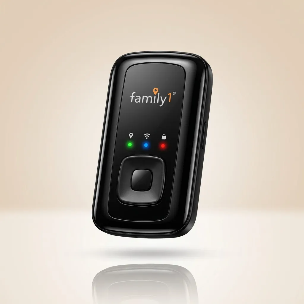 The free Family1st GPS device, a compact black tracker with status lights, shown at an angle