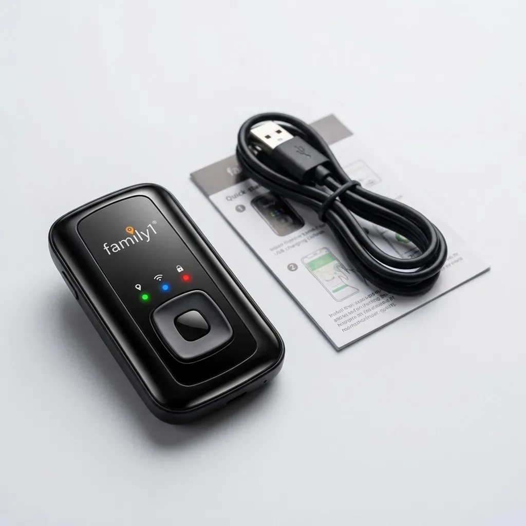 The free GPS device laid out with its USB charging cable and quick-start guide