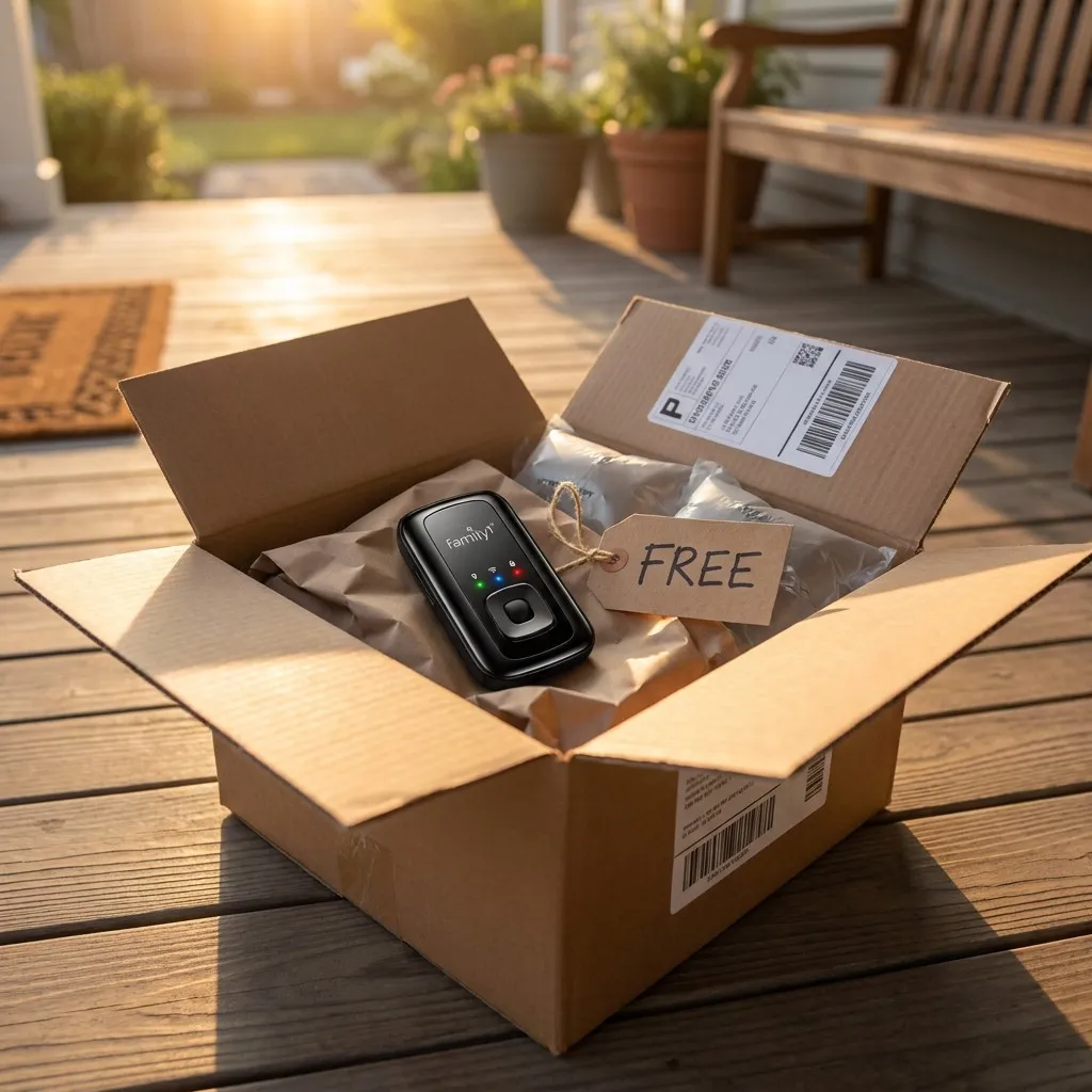 An opened delivery box on a sunlit porch holding the GPS tracker, with a tag reading free