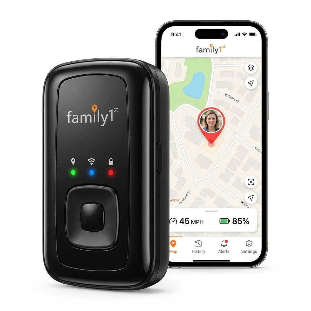 The free GPS device beside a phone showing the Family1st app with location, 45 mph and 85 percent battery