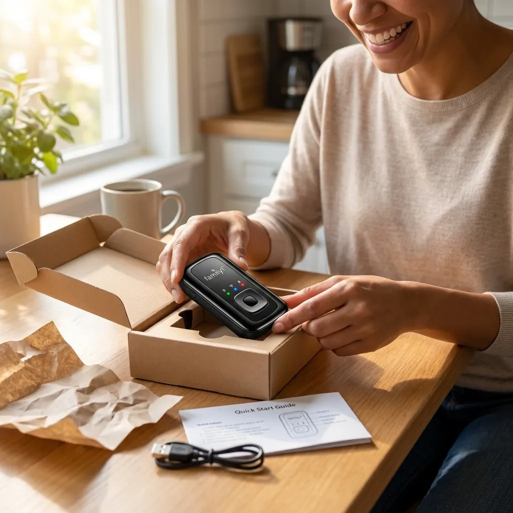 A smiling woman at her kitchen table unboxing the free GPS tracker, the quick-start guide and cable beside her