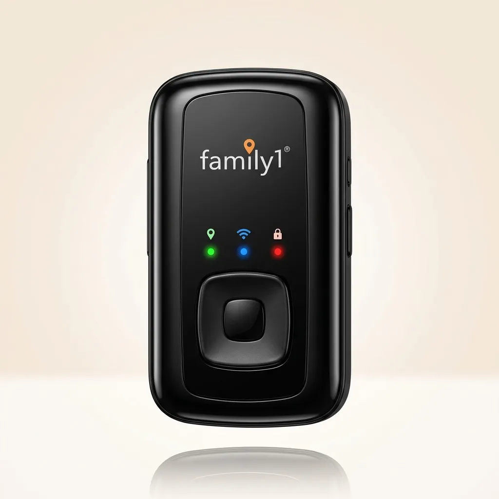 GPS tracker with no monthly fees, a glossy black fob with GPS, signal and lock lights, shown front-on