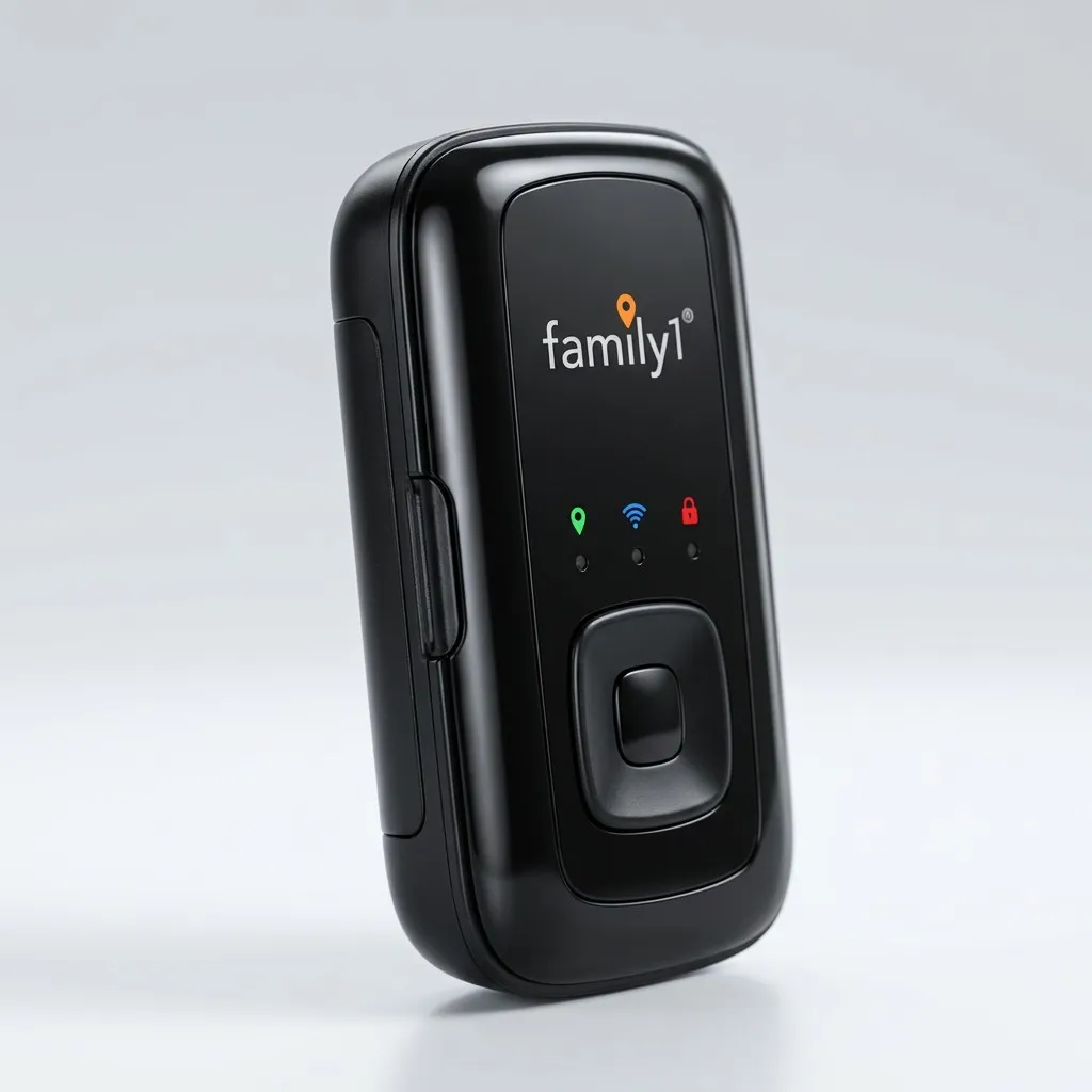 The no-monthly-fee tracker turned at an angle, showing its side button and slim profile