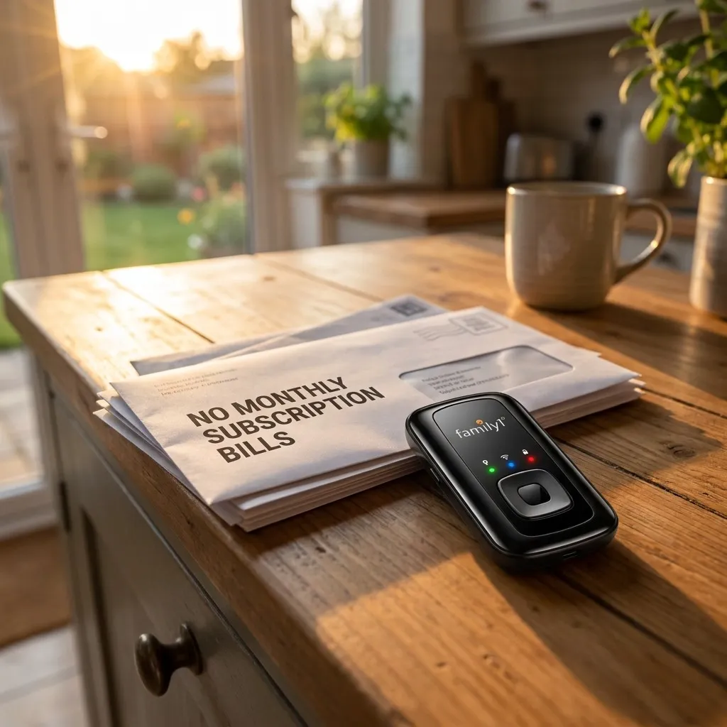 The tracker on a sunlit kitchen table beside a stack of post, the top envelope reading no monthly subscription bills