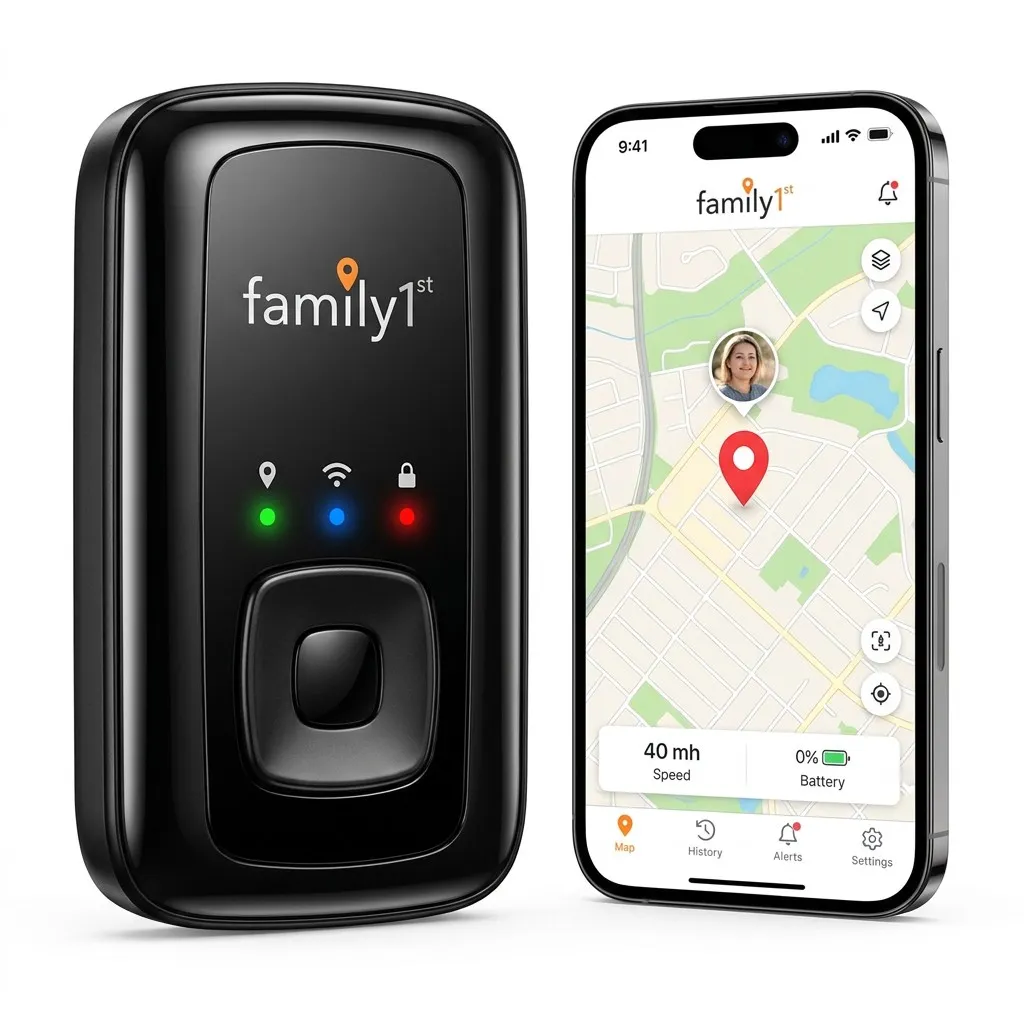 The tracker beside a phone showing the Family1st app with the location, 40 mph speed and battery level