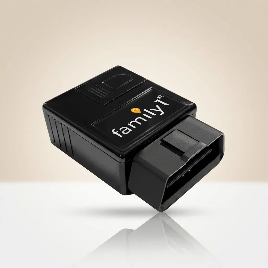 Family1st plug-in OBD GPS tracker, a black module with a 16-pin diagnostic connector, shown at an angle