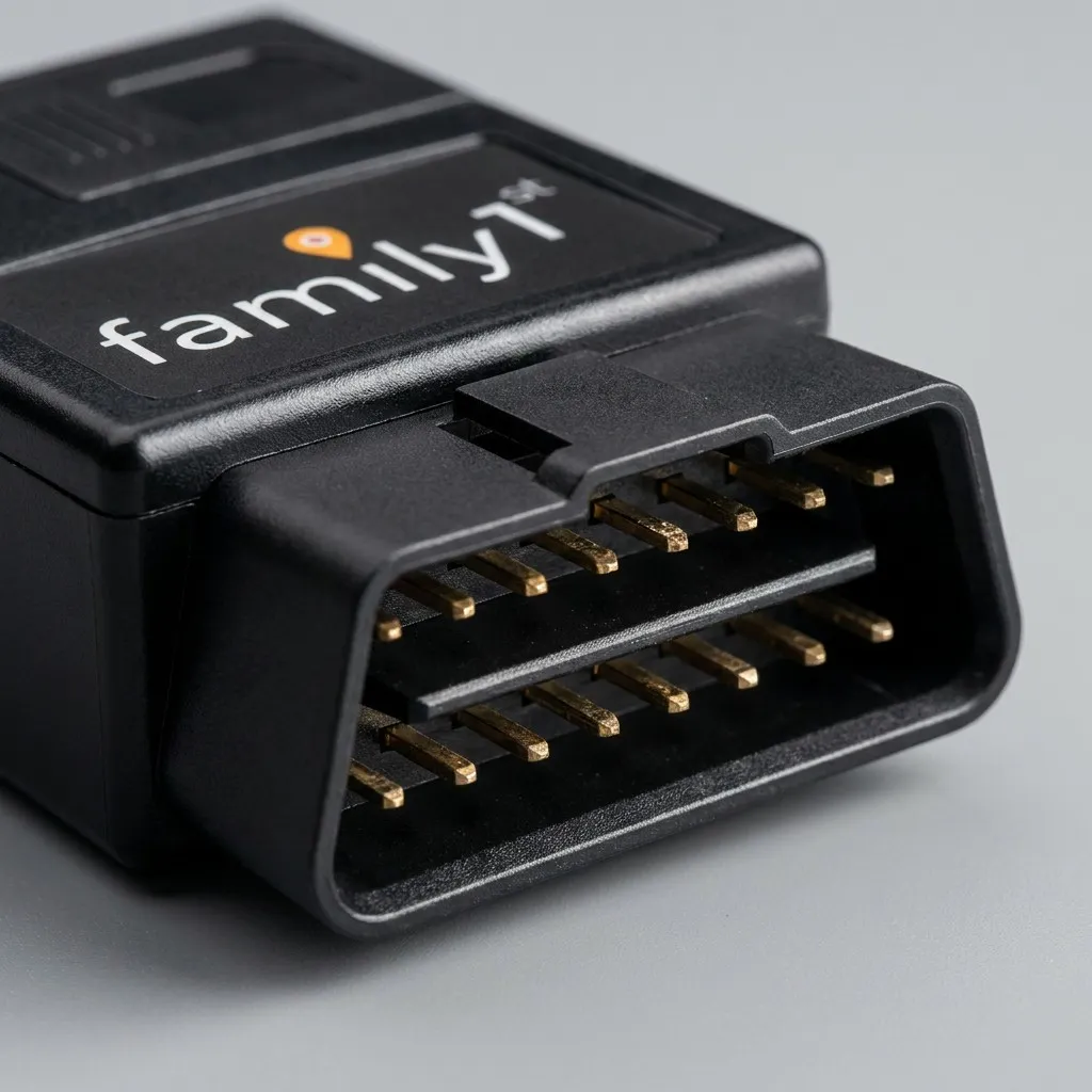 Close-up of the OBD tracker's gold 16-pin diagnostic connector
