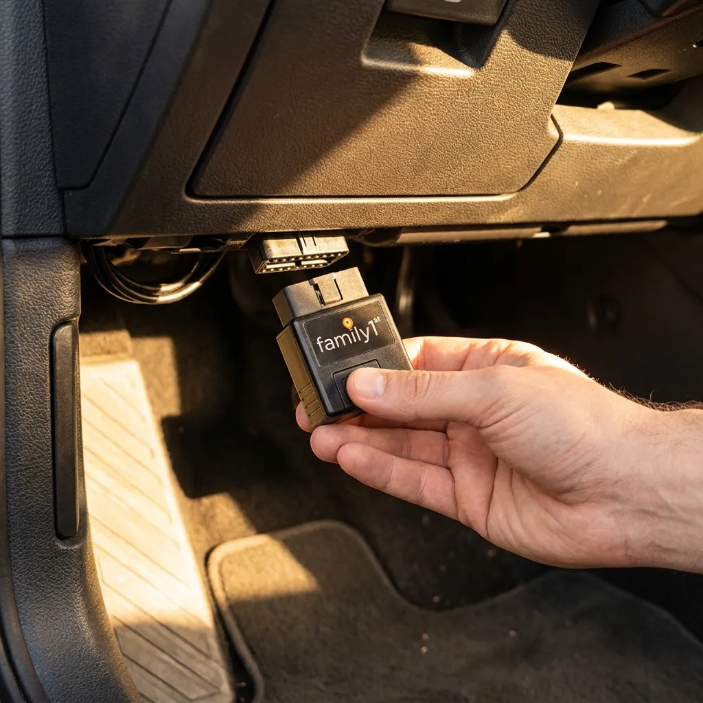 A hand holding the OBD tracker up to the diagnostic port under a car's dashboard