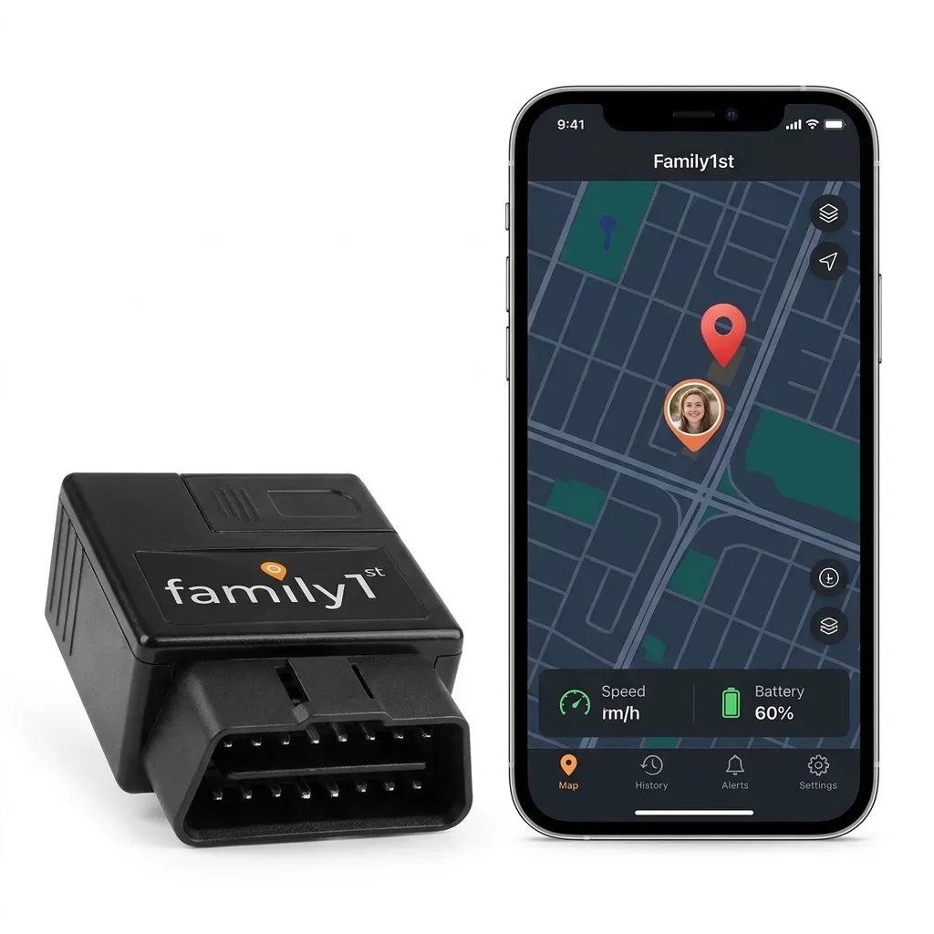 The OBD tracker beside a phone showing the Family1st app in dark mode with speed and 60 percent battery