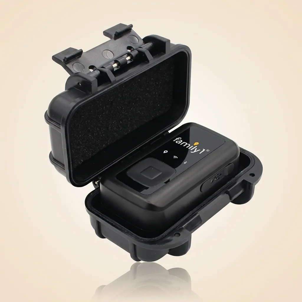 Portable combo GPS tracker sitting inside its open weatherproof hard case, lined with black foam