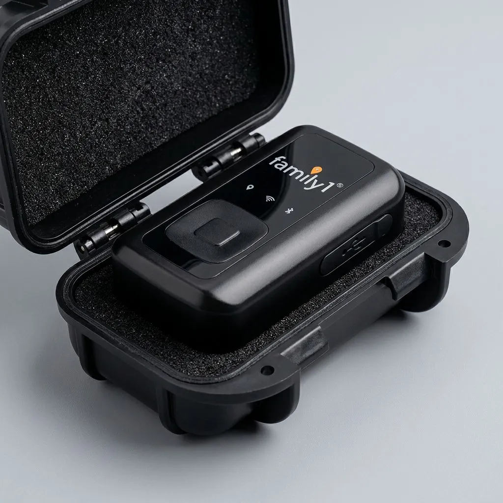 Close-up of the combo tracker in its foam-lined case, showing the USB port and status icons
