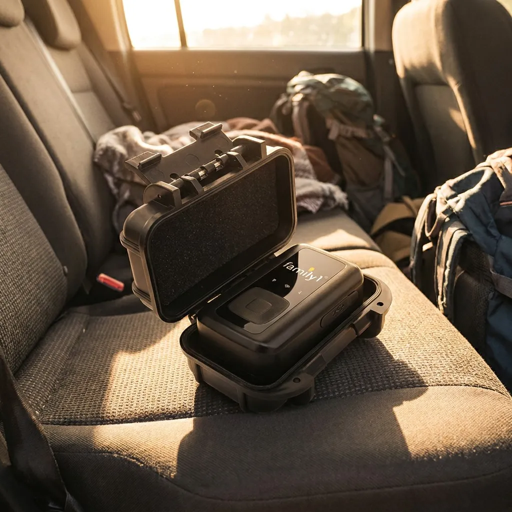 The combo tracker in its open case on a car back seat in low sunlight, with bags and a backpack behind
