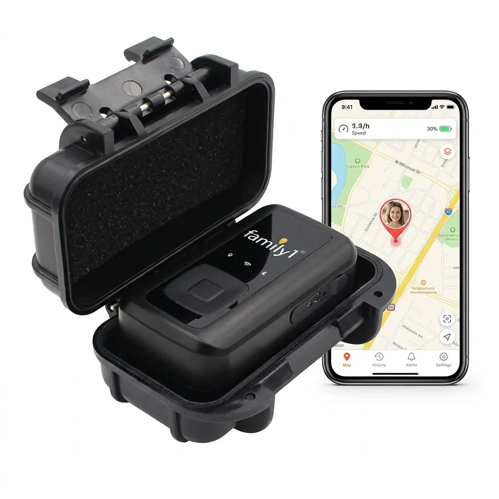 The combo tracker in its case beside a phone showing the Family1st app with live map, speed and battery