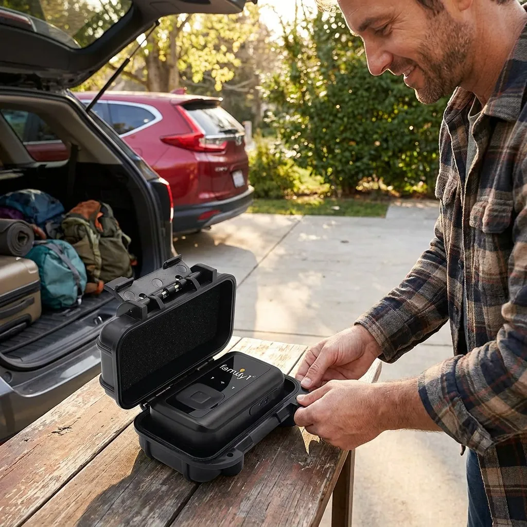 A man at a picnic table beside a loaded car boot, opening the combo tracker's weatherproof case