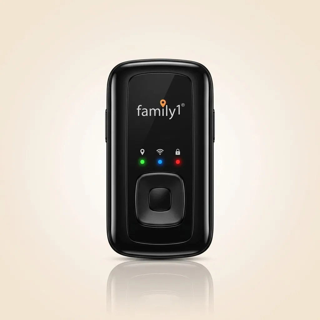 Family1st portable GPS tracker, a small glossy black fob with GPS, signal and lock status lights above a round button