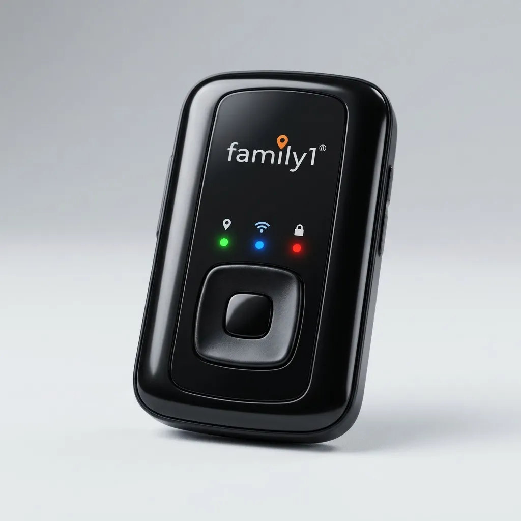 The portable GPS tracker turned at an angle, showing its rounded slim profile and side buttons