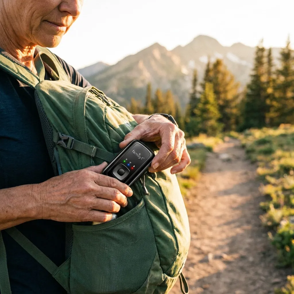 A hiker on a mountain trail at sunrise slipping the portable GPS tracker into the side pocket of a green backpack