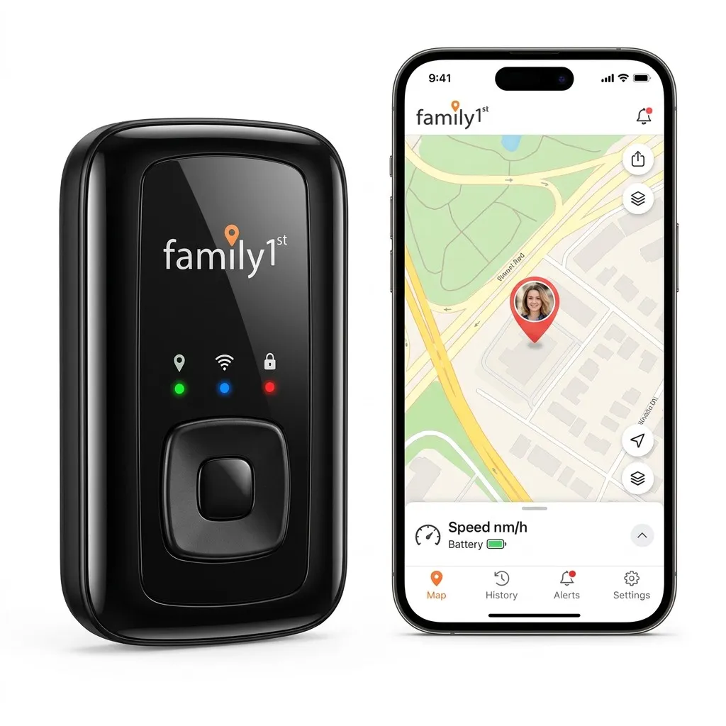 The portable GPS tracker beside a phone running the Family1st app, showing a family member's location on a map with speed and battery