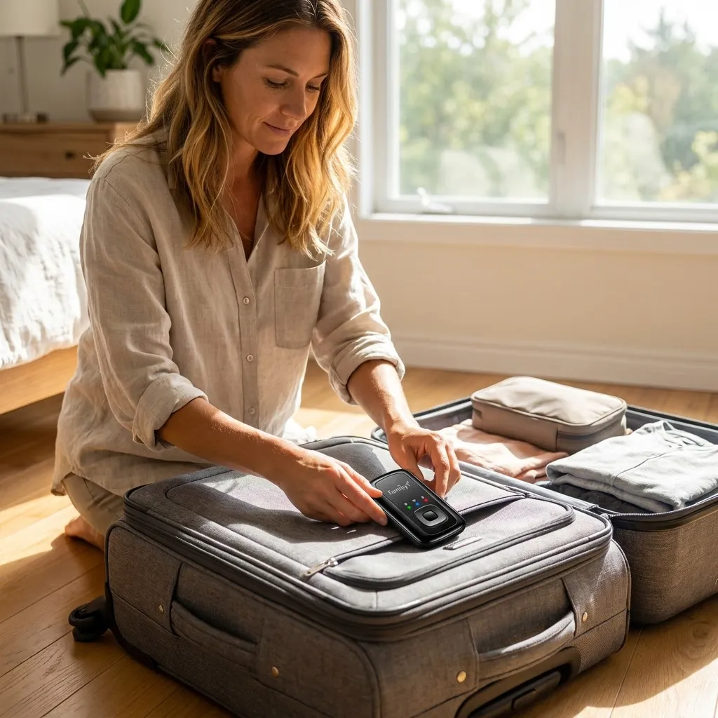 A woman kneeling beside an open suitcase in a sunlit bedroom, tucking the portable GPS tracker into her luggage