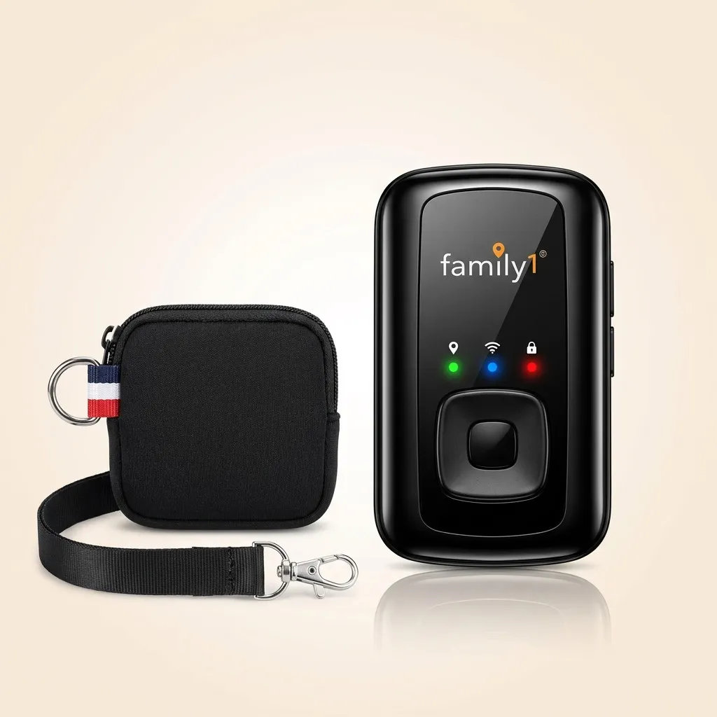 Senior GPS tracker beside its padded black carry pouch with wrist strap and key ring