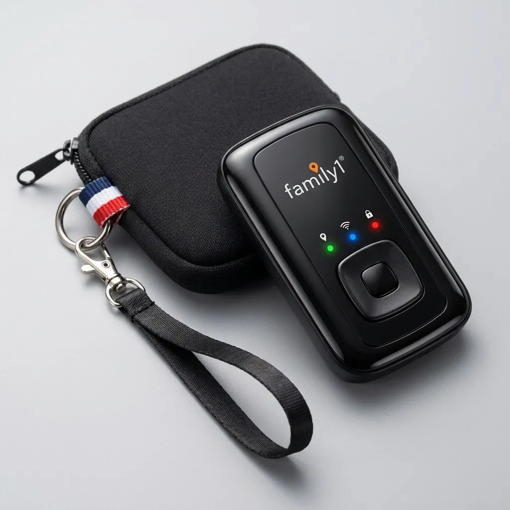 The senior GPS tracker resting on its zipped carry pouch, with the wrist strap and clip in view
