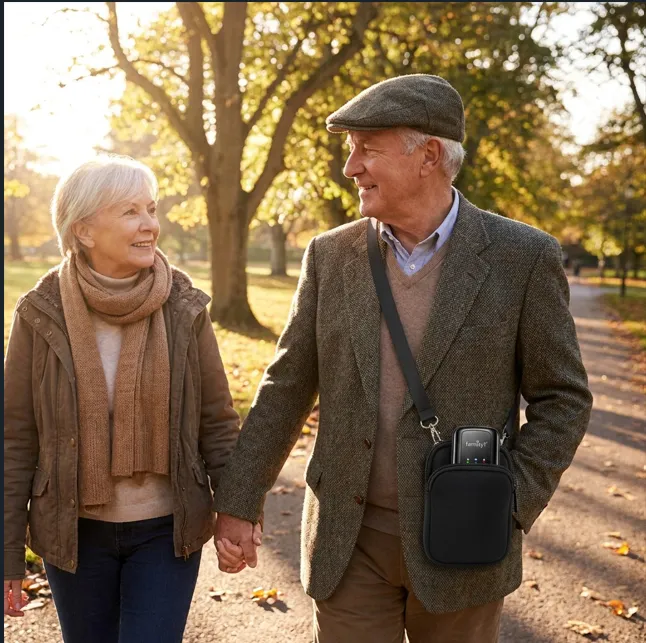 An older couple walking hand in hand through a park in autumn, the tracker carried in a pouch on the man's shoulder strap