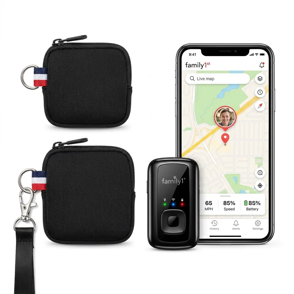The senior tracker and two carry pouches beside a phone showing the Family1st app with live map, speed and battery