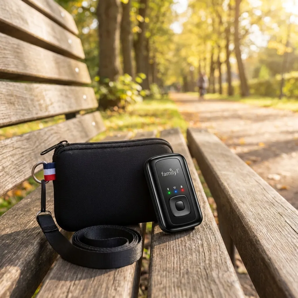 The senior GPS tracker and its carry pouch resting on a park bench in the autumn sun