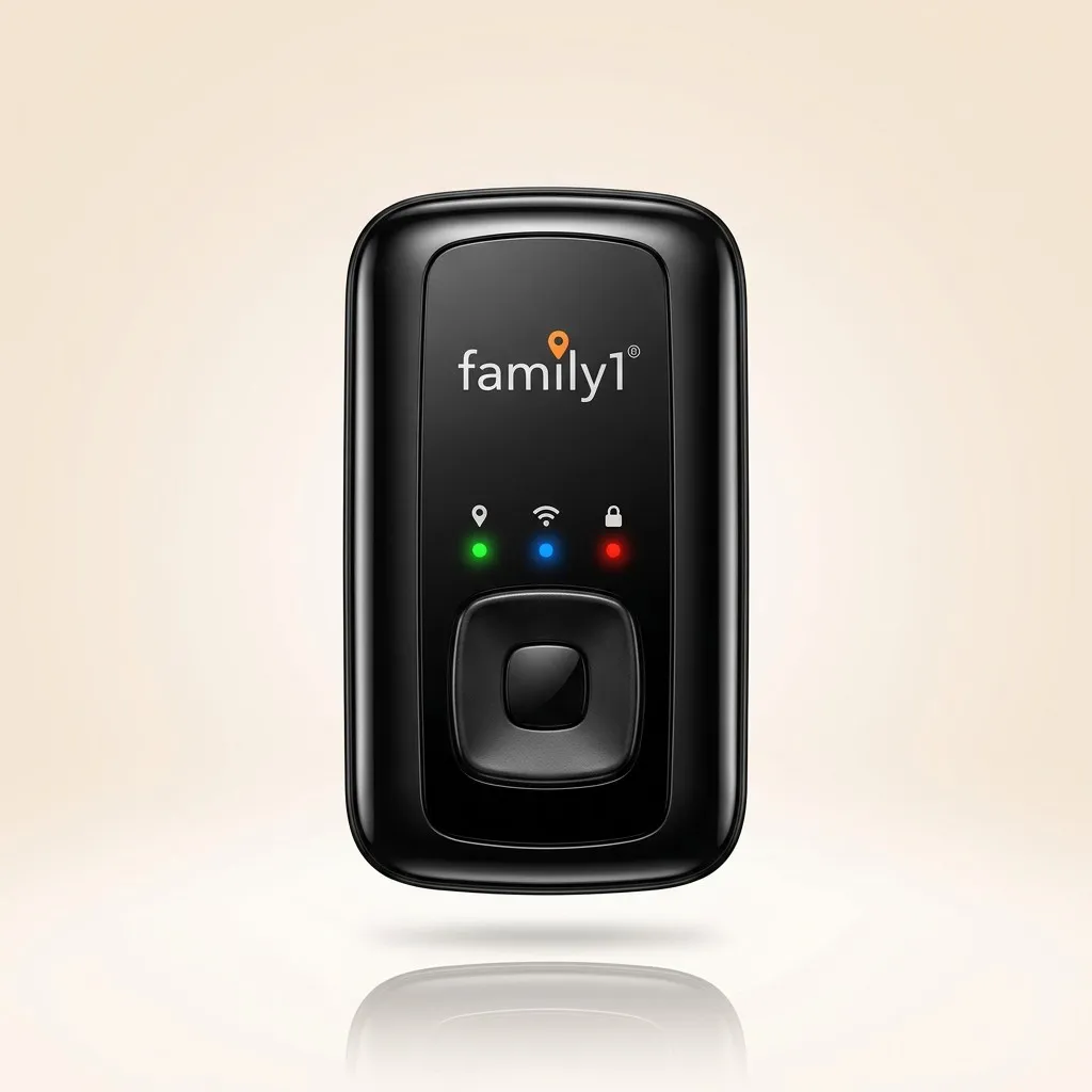 Family1st teen GPS tracker, a compact black fob with GPS, signal and lock indicator lights, shown front-on