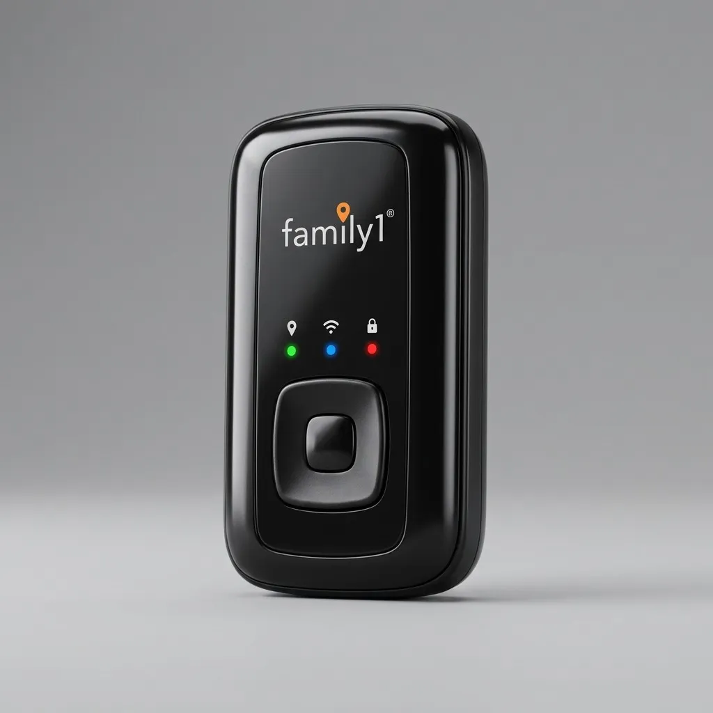 The teen GPS tracker at a three-quarter angle against a grey studio background