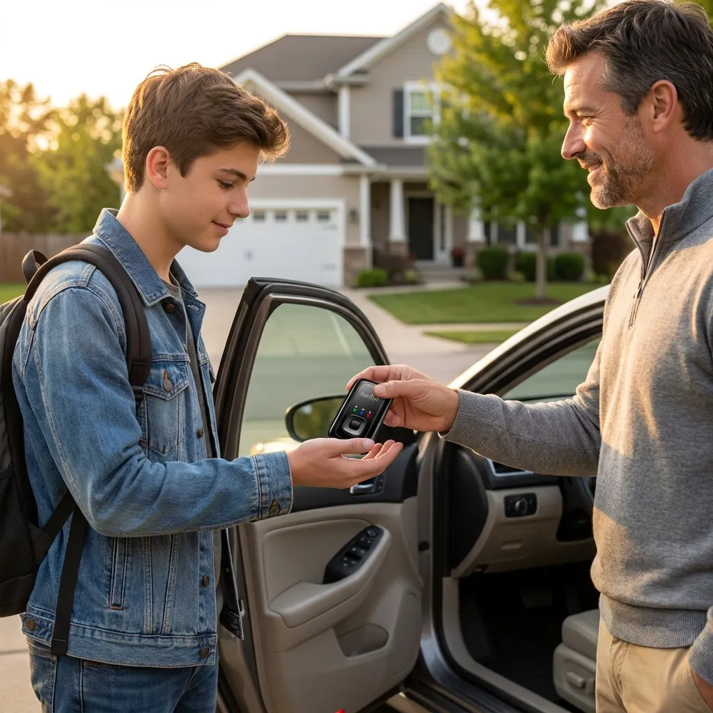 A father handing the GPS tracker to his teenage son beside an open car door on the driveway at sunset