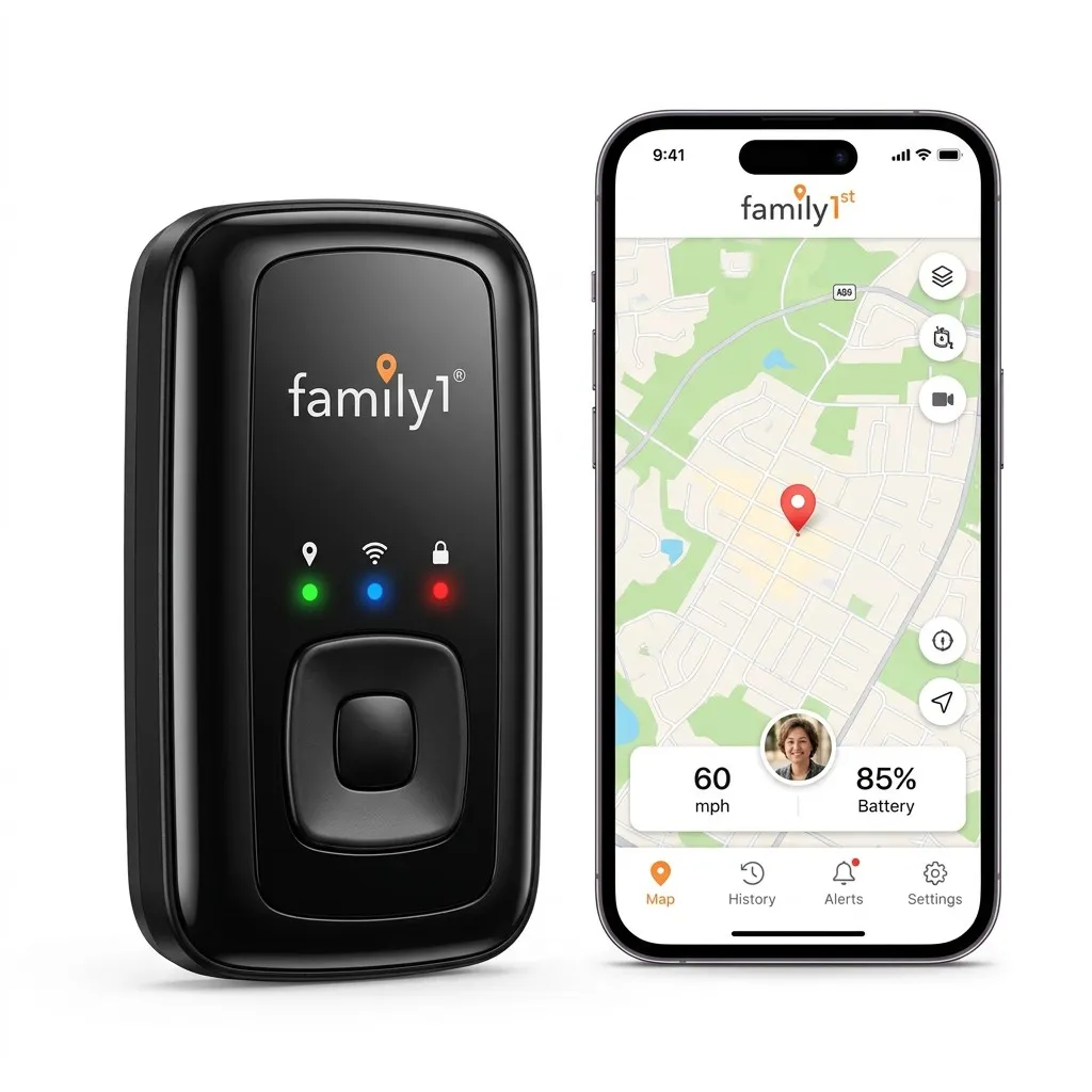 The teen GPS tracker beside a phone showing the Family1st app tracking a vehicle at 60 mph with 85 percent battery