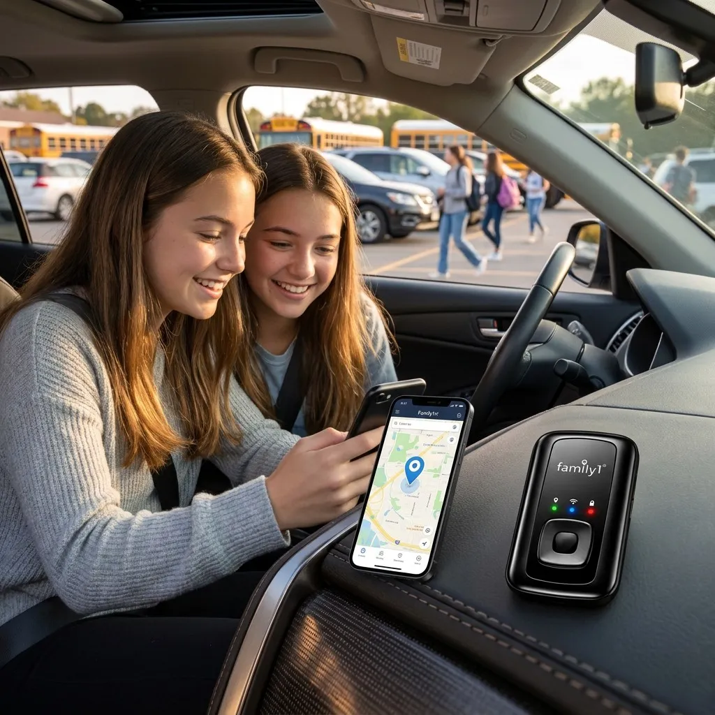 Two teenage girls in a car at a school pickup lot looking at the Family1st app on a phone, the tracker sitting on the dashboard