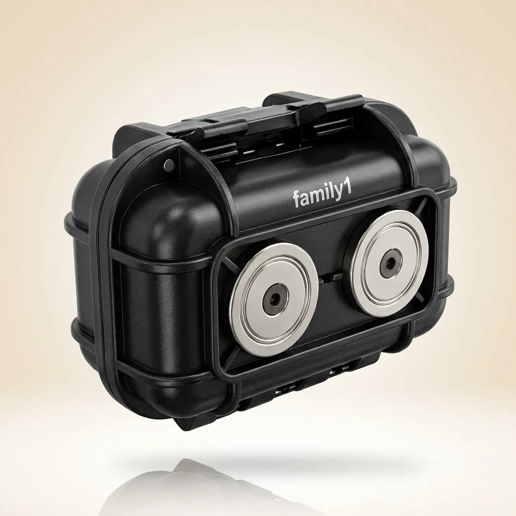 Weatherproof magnetic case, a rugged black clamshell with two large round steel magnets on its back