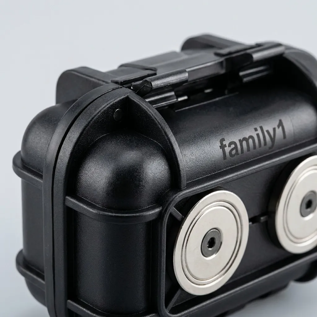 Close-up of the weatherproof case's hinge, latch and twin steel magnets
