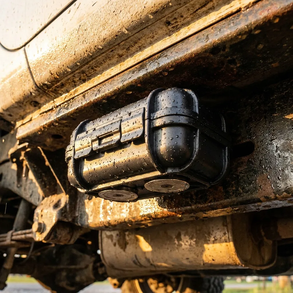 The weatherproof case magnetically attached under a muddy truck chassis, beaded with rainwater